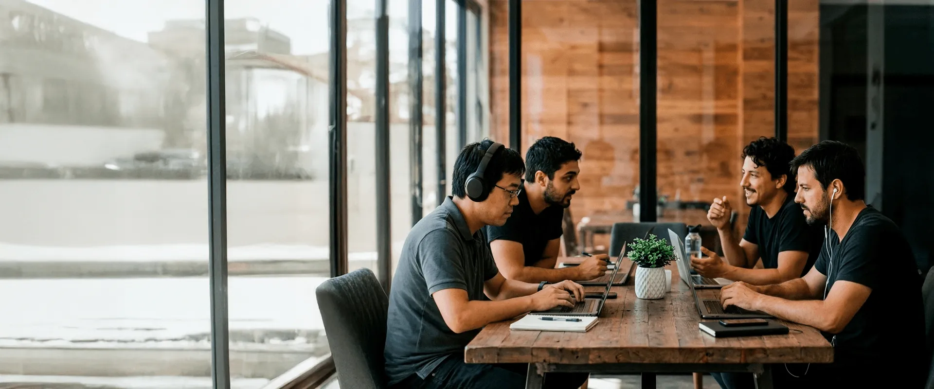 Equipo de Dorck Coding en una sesión de trabajo, con laptops sobre una mesa compartida